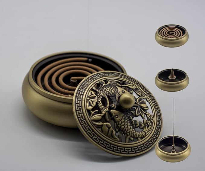 Incense Holder Burner,Pure Copper Antique Fish Pattern, Incense Ash Catcher for Sticks or Cone Incense,Mosquito Incense,Sage Cones and Palo Santo(Stick/Cone/Coil Incense)