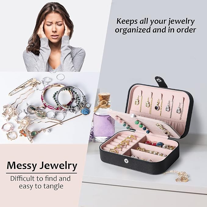 Hatori Travel Jewelry Box, PU Leather Small Jewelry Organizer for Women Girls, Double Layer Portable Mini Travel Case Display Storage Holder Boxes for Stud Earrings, Rings (Black Beige)