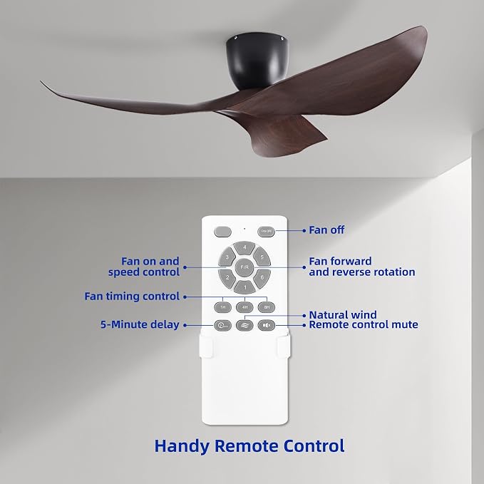 52" Black Walnut Grain Flush Mount Ceiling Fan, Remote No Light | Modern Low-Profile, Heat Resistant ABS Blades, 6-Speed Reversible Quiet DC Motor for Balcony, Living Room, Bedroom