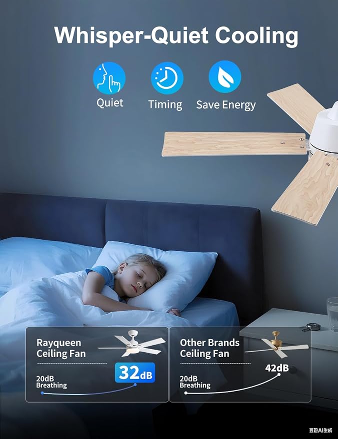 Rayqueen 42 Inch White Ceiling Fans with Lights and Remote,Includes Downrod | 6 Speed Reversible DC motor,3-color temperature dimmable LED.For indoor/covered outdoor.Modern style for bedroom room