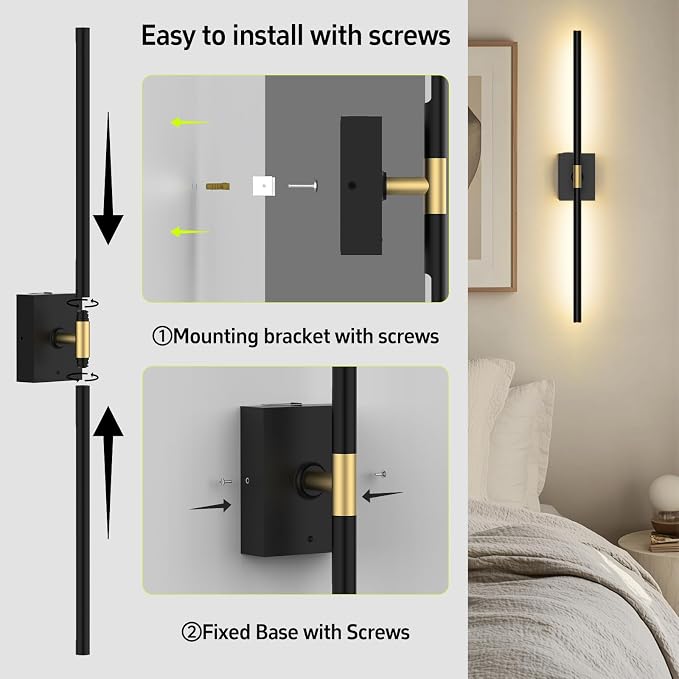 iThird Battery Operated Wall Sconces Set of 2: 10000mAh Rechargeable Wall Lights with Remote Control, 360° Rotate Wireless Wall Scone Decor for TV/Mirror Bedroom Living Room, 31.5 Inch, Black