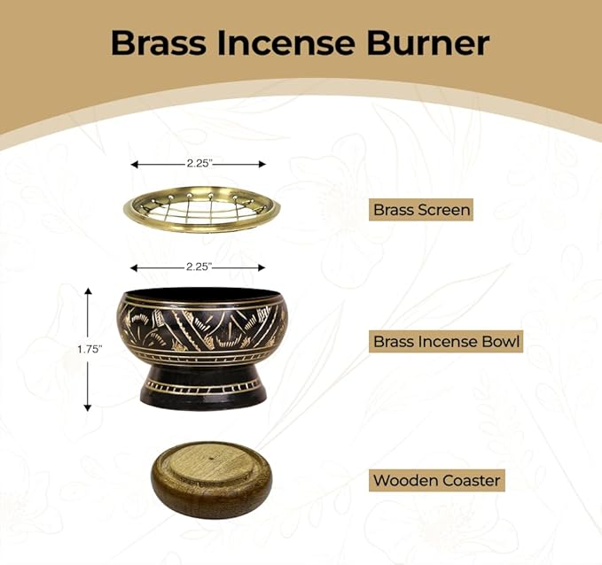 ARO VATIKA Incense Brass Burner (Black) | Used for Burning Charcoal, Sambrani, Dhoop & Resin | for Office Temple Prayer | Wooden Coasterto Hold | Home Purifying Loban Stand