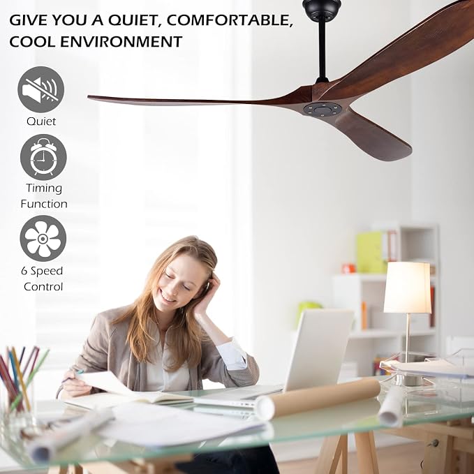 72 Inch Ceiling Fan No Light ，Wood Outdoor Ceiling Fans for Patios Living Room Garage Gazebo Mid Century Modern Exterior Extra Large Waterproof Ceiling Fan Without Light with Downrod (Walnut)