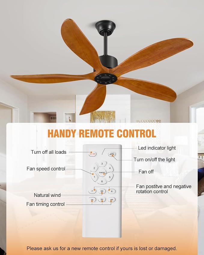 52" Ceiling Fan Without Lights 5Blades Ceiling Fans with Remote LightWalnut | Ceiling Fan Without Lights for Patios Indoor, ETL Listed, Timer, 6 Speeds, 3 Color, Reversible Quiet DC Motor, Under 25dB
