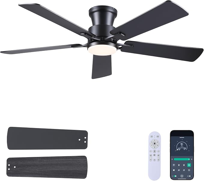 JSAITEE 52" Ceiling Fans with Lights Flush Mount Low Profile, Black | Ceiling Fans with Lights Flush Mount Ceiling Fan,Low Profile,Reversible Motor,3CCT Dimmable,Noiseless, 6 Speeds, Black Modern