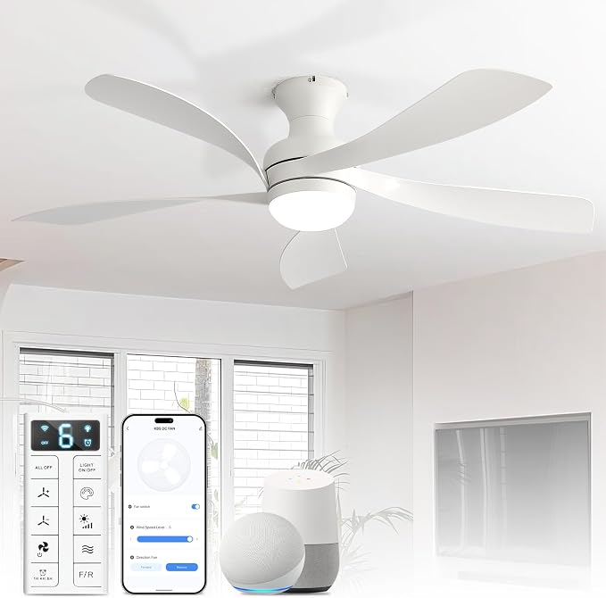 Sofucor Smart 52'' Low Profile Ceiling Fan with Lights and Remote, Flush Mount Ceiling Fan Work with APP/Alexa/Google for Modern Bedroom Living Room Patio, Dimmable LED Quiet Reversible DC Motor