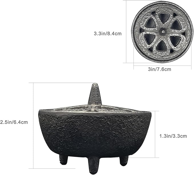 Cast Iron Incense Burner with Holder and Fireproof Cotton - Ideal for Sticks, Resin, Cone Incense and Rituals
