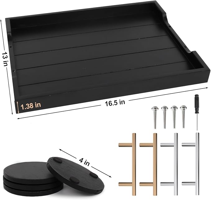 SXNOWS Wooden Serving Tray with 2 Sets of Handles,Black | Rectangle 16.5x13 Inch Ottoman Decorative Tray for Coffee Table Kitchen Bar Living Room Breakfast in Bed, 4 Coasters Included