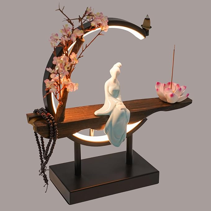 TFCFL Backflow Incense Holder with LED Light Ring, Chinese Style Handmade Flower Censer Incense Cone Sticks Burner Home Decor Aromatherapy Ornament Incense Holders + Cone