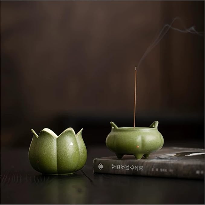 Hermit Life Incense Burner with 9 Holes Stick Holder, Lotus Bud or Tripod Ding Shape Design and Matte Ceramic Surface for Home Décor, Incense Stick Holder with Ash Catcher (Green Tripod Ding)