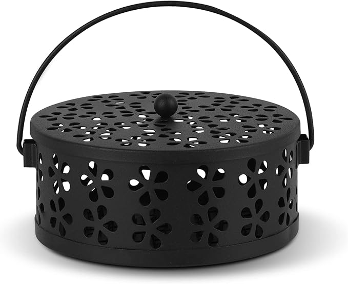 Portable Iron Mosquito Coil Holder with Handle Round Heat-Resistant Incense Holder for Home Office Camping (Black)