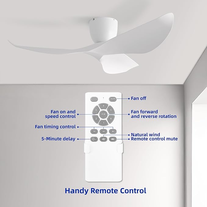 52" White Flush Mount Ceiling Fan with Remote, No Light | Modern Low-Profile, Heat Resistant ABS Blades, 6-Speed Reversible Quiet DC Motor for Balcony, Living Room, Bedroom