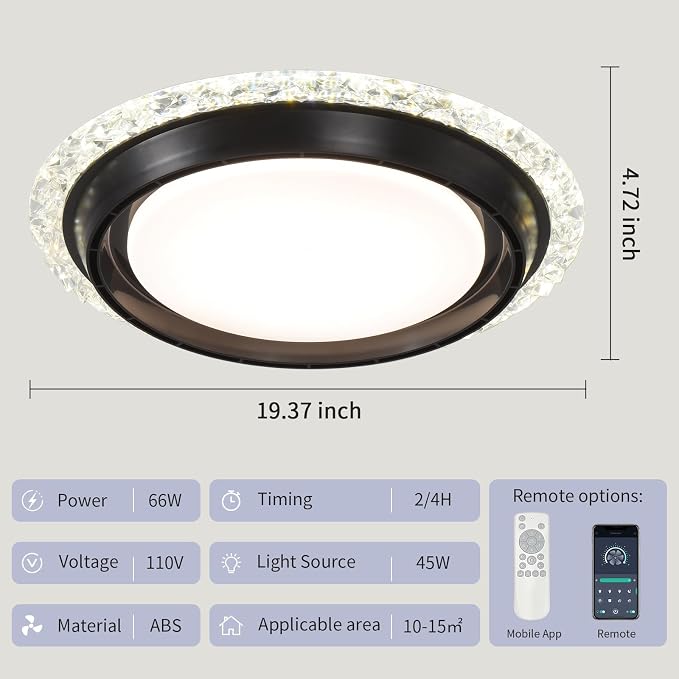 AHAWILL 19.29'' Bladeless Ceiling Fan with Light,Modern Crystal Ceiling Fan with Remote Control,Enclosed Flush Mount Fandelier,6 Wind Speed,Dimmable LED,Black,for Bedroom Kitchen Dining Room