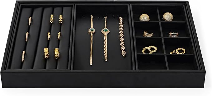 Oirlv Leather Multi-Function Jewelry Tray Black | Versatile Compartments for Rings/Earrings/Bracelets, Stackable Design