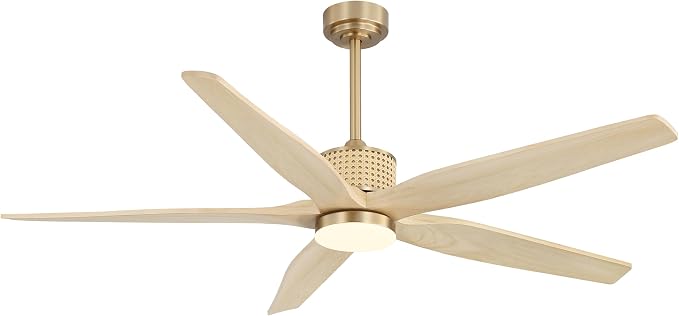 LEDLUX 60" Ceiling Fan with Light – Remote Control, Solid Wood, Quiet Reversible DC Motor, Light Oak/Gold Finish, Includes 4.5"/12" Downrods, Noiseless Ceiling Fan for Bedroom, Living Room, Porch