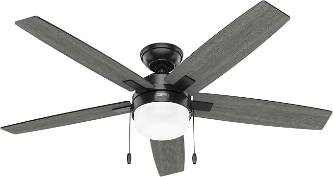 Hunter Anisten, Indoor, Ceiling Fan, with LED Light, 52 inch, Matte Black | Standard Mount, Pull Chain, 5 Blades, For Bedroom, Living Room, Includes Bulbs, 52485