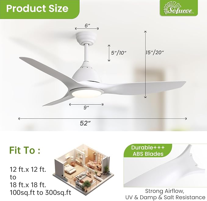 Sofucor 52 Inch Outdoor Ceiling Fans with Lights, Modern Ceiling Fan with 3 Plastic Blade, Quiet, Dimmable, High 7000CFM 6-Speed 3-Timer Reversible DC Motor, for Bedroom Living Room, ETL, White