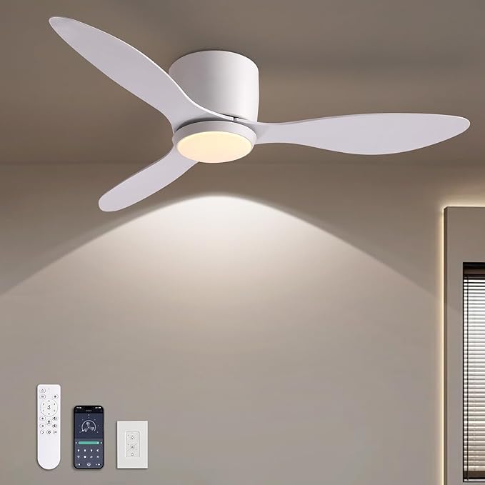 LUDOMIDE Ceiling Fans with Lights,42 Inch Low Profile Ceiling Fan with Wall Control and Remote Control,Dimmable,Flush Mount Ceiling Fan with Noiseless DC Reversible Motor for Bedroom Indoor Use