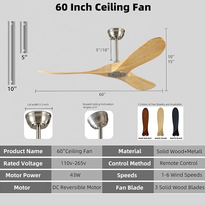 60 Inch Wood Ceiling Fan Without Light, Energy Saving DC Reversible Motor Ceiling Fan, Quiet and Strong Wind, Suitable for Living room, Dining room, Bedroom, Terrace(Brushed Nickel Wood)