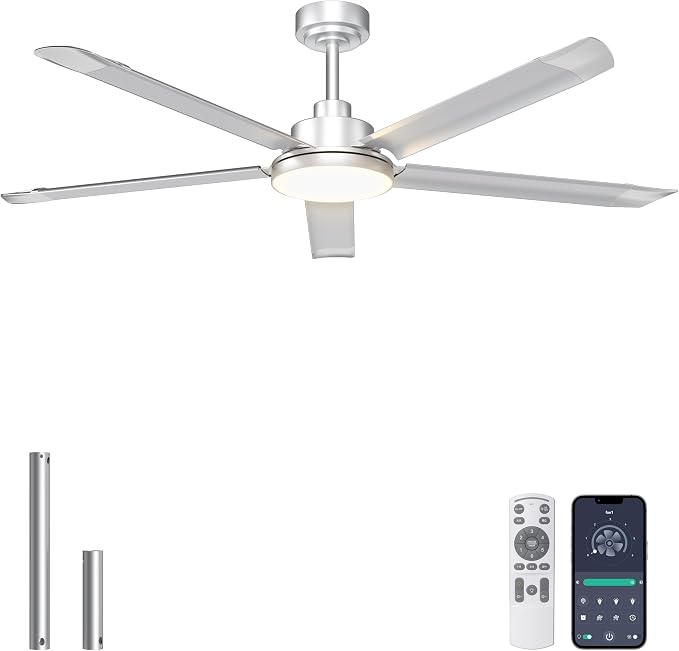 Ohniyou 60'' Industrial Ceiling Fan with Light for Patio, Porch, Silver | 6800 CFM Airflow, 35dB DC Motor, 5 Aluminum Blades, 3CCT Dimming, Remote/APP Control, Covered Outdoor Metal Fan