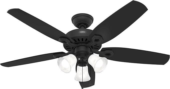 Hunter Builder Plus, Indoor, Ceiling Fan, Pull Chain, 52 inch, Matte Black | with LED Lights, Standard Mount, 5 Blades, For Bedroom, Living Room, 52387, Includes Bulbs
