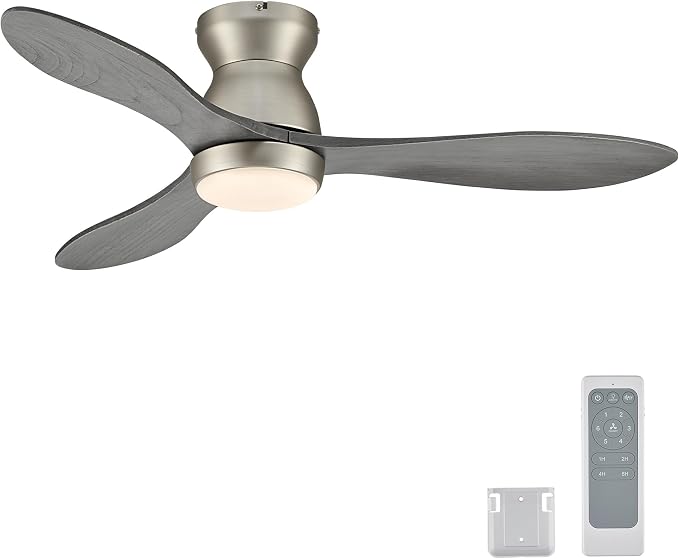 VONLUCE Wood Ceiling Fan with Lights, 42 Inch Flush Mount Ceiling Fan and Remote, 6-Speeds Quiet Reversible DC Motor, 3CCT, Natural Wood 3 Blades Outdoor Ceiling Fan for Patios Farmhouse, Nickel