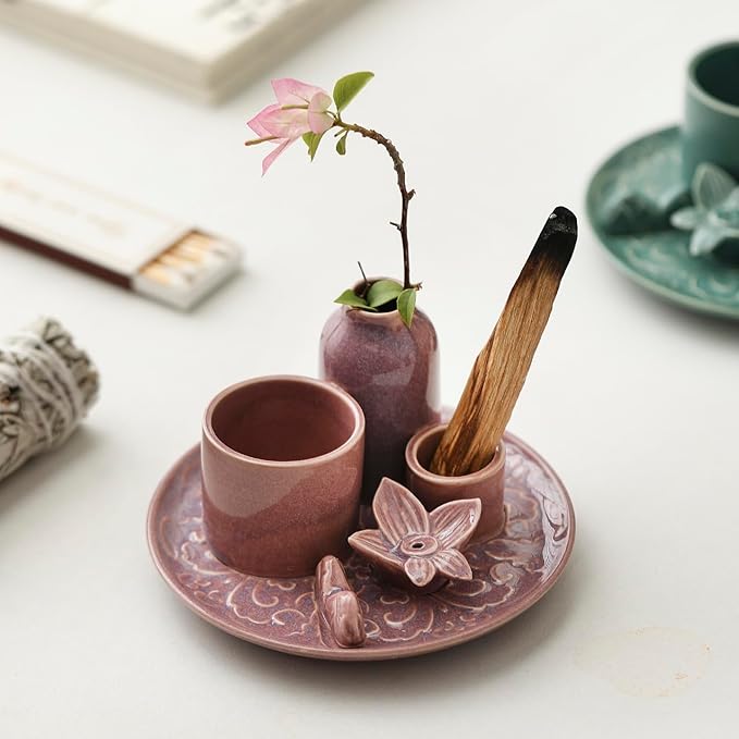 Purple Incense Holder for Sticks, 5.1 Inch Ceramic Incense Holder with Ash Catcher – 4 in 1 Smudge Bowl for Sage and Palo Santo, Reiki Supplies for Meditation Yoga Home Decor