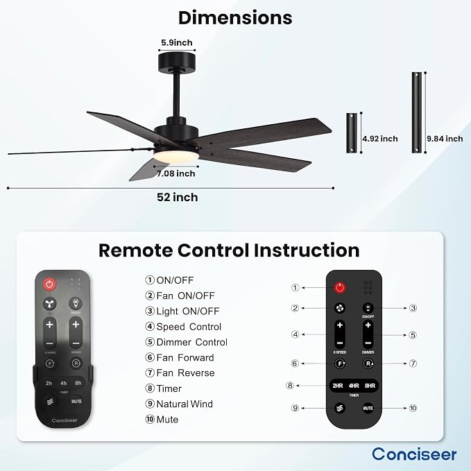 Modern 52 Inch Ceiling Fans with Lights and Remote for Bedroom Living Room Kitchen Home Office Indoor/Outdoor, 18W 3CCT Dual Color 5 Blades 6 Speed Reversible Quiet DC Motor, Black/Wood Grain