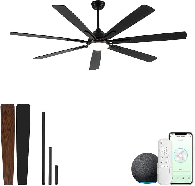 72Inch Smart Ceiling Fan with Alexa APP,Large Black Ceiling Fan with Light,6 Speed,3CCT,Dual Finish 7 Blades,Quiet DC Motor Outdoor Fan for Patio,Big Living Room