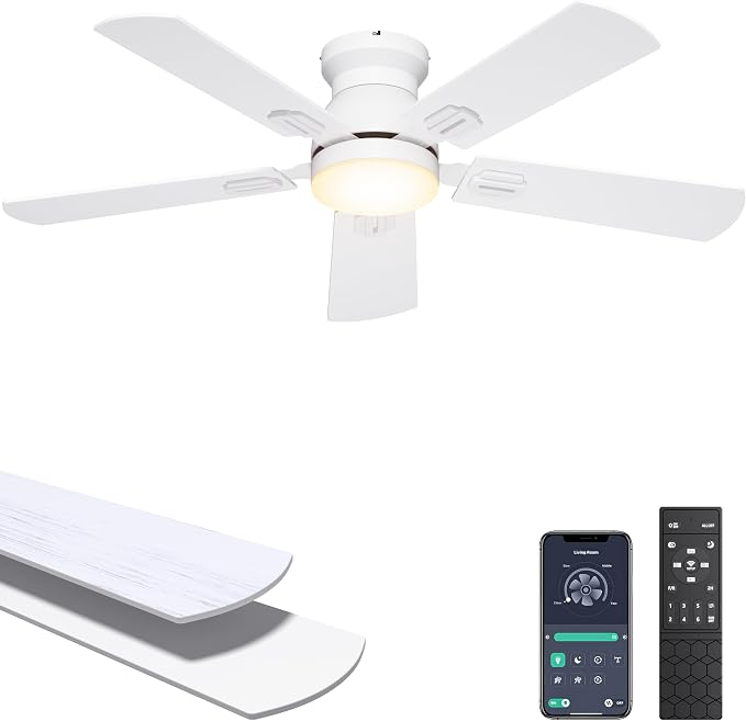 Ohniyou Ceiling Fans with Lights, 42 Inch Low Profile Ceiling Fan with Light and Remote/APP Control, Flush Mount, Dimmable, Quiet DC Motor, White Small Indoor Ceiling Fan for Bedroom, Kitchen