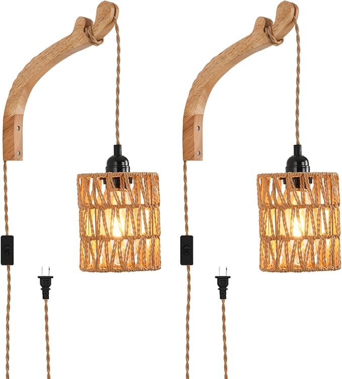 Plug in Wall Sconce,Farmhouse Wicker Wall Lamp Plug in,Hand Woven Rattan Wall Light Farmhouse Rustic Boho Sconces Wall Lighting for Living Room Bedroom
