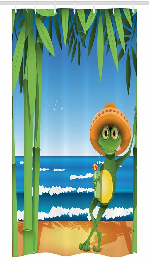 Ambesonne Animal Stall Shower Curtain, Illustration of a Frog on Sandy Beach with Palm Trees and Ocean Tropical Print, Fabric Bathroom Decor Set with Hooks, 36" W x 72" L, Cream Green