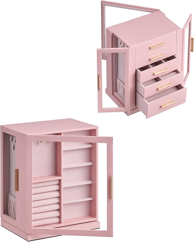 Glimmloop 360° Rotating Jewelry Box with 5 Drawers, Spacious Vertical Jewelry Organizer with Glass Window, Jewelry Storage Case, Dustproof & Moisture-resistant Design, Pink