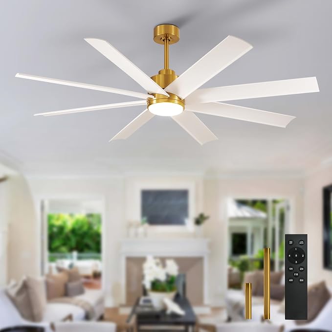 72" Ceiling Fan for Farmhouse: White and Gold Ceiling Fan with Remote 8 Blades 5-Speed Reversible DC Motor - Large Ceiling Fan with Light for Indoor Outdoor