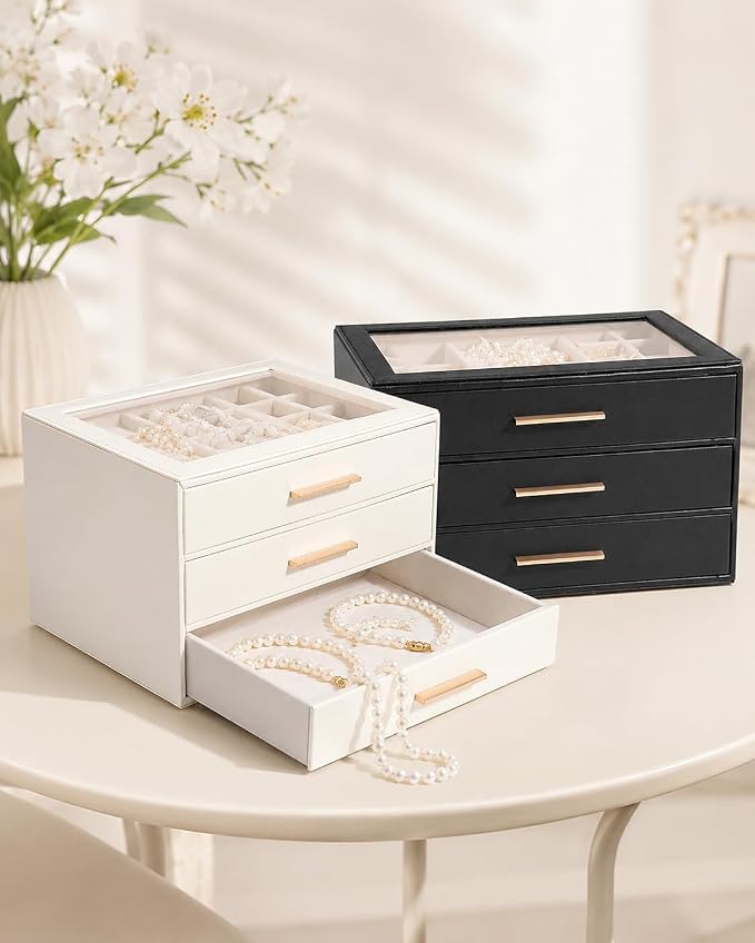 GUOER Jewelry Box for Women, Glass Lid Jewelry Organizer with 3 Drawers PU Jewelry Storage Case for Necklaces Rings Earrings Bracelets, Mother's Day, White