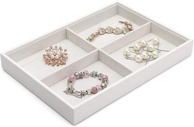 VLANDO Stackable 4-Layer Jewelry Tray - Multipurpose Jewelry Accessories Display Storage and Organizer for Earring Necklace Bracelet Ring, White with Clear Lid