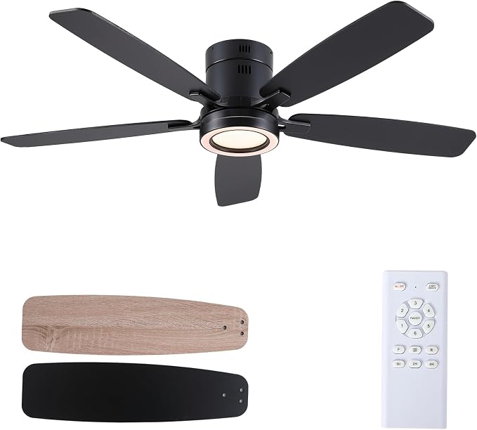 52 Inch Modern Ceiling Fans with Lights Flush Mount Indoor, Black | Low Profile, Dimmable LED, Reversible, Quiet DC Motor, Wooden Blades, for Modern Apartment Bedroom Home Office Living Room