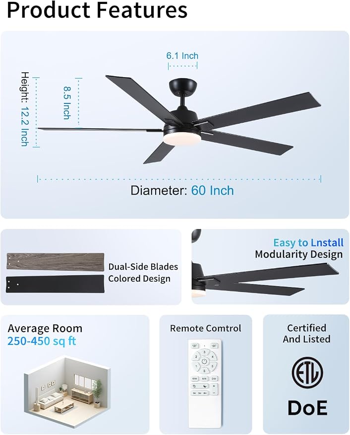 Rayqueen 60 Inch Black Ceiling Fans with Lights and Remote,Includes Downrod | 6 Speed Reversible DC motor,3-color temperature dimmable LED.For indoor/covered outdoor.Modern style for bedroom room
