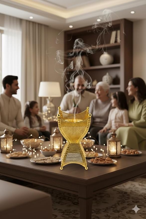 Decorative Gold Metal Incense Burner – Tall Mesh Design Mabkhara Bakhoor Holder for Home, Ramadan & Eid Décor, Islamic Gift, Ornamental Incense Stand, 4.2 x 4.2 x 8.5 in