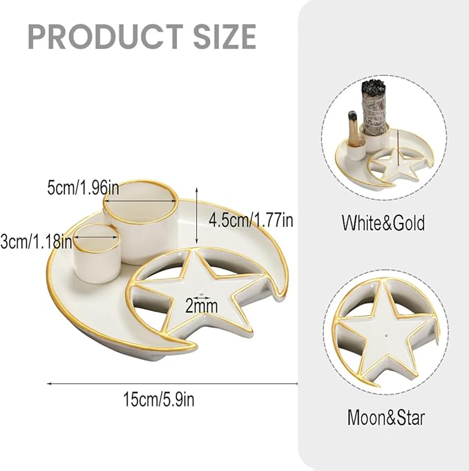 4 in1 Moon Incense and Palo Santo Holder, Sage and Plao Santo Burner, Incense Holder for Sticks, Sage Stick Holder for Burning, Sage Burner Bowl for Altar Decor, Incense Burner Holder