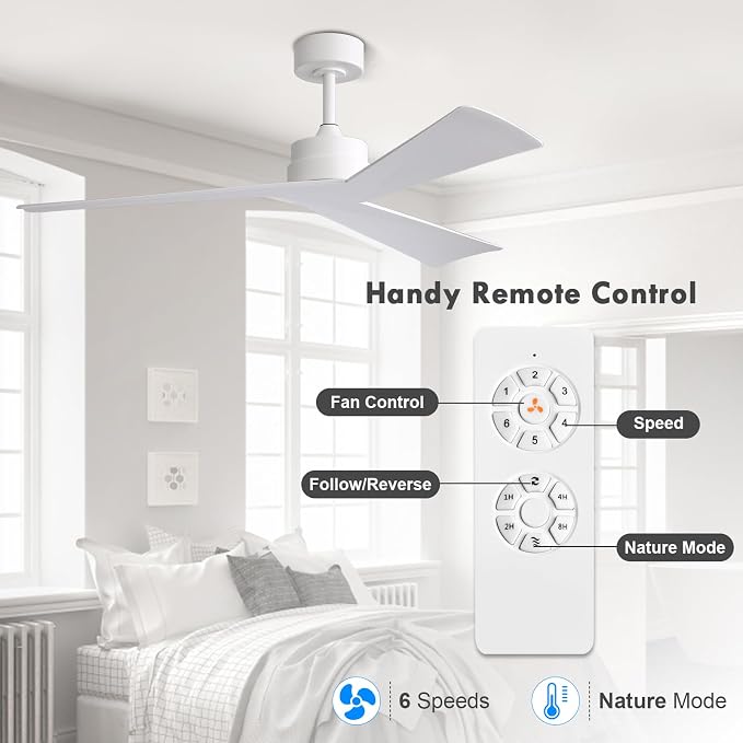 WINGBO 52" DC Ceiling Fan without Lights, White Ceiling Fan with Remote, 3 ABS Plastic Blades, 6 Speed Reversible DC Motor, Ceiling Fans No Light for Kitchen Bedroom Living Room