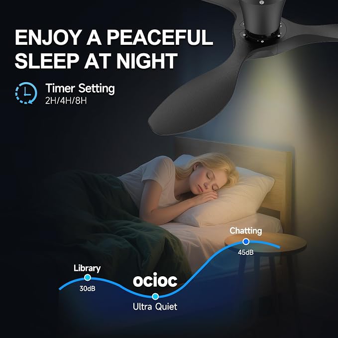 ocioc 42 inch Ceiling Fans with Lights and Remote, Dimmable Ceiling Fans with Reversible Quiet DC Motor, Flush Mount, 3CCT, Black Ceiling Fan for Bedroom Living Room Indoor/Outdoor