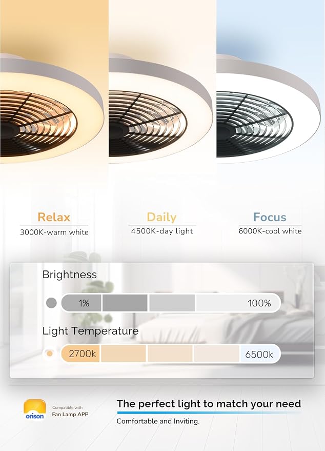 Orison Ceiling Fans with Lights, Low Profile Ceiling Fan with Lights and Remote, 6 Wind Speeds Smart Flush Mount Ceiling Fan for Bedroom, Kids Room and Living Room 19.7" (Black)