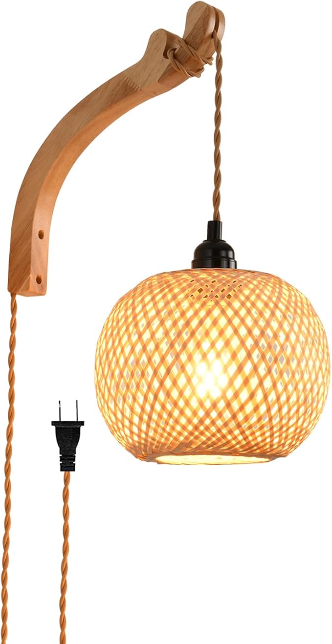Plug in Wall Sconce,Farmhouse Wicker Wall Lamp Plug in,Hand Woven Rattan Wall Light Farmhouse Rustic Boho Sconces Wall Lighting for Living Room Bedroom