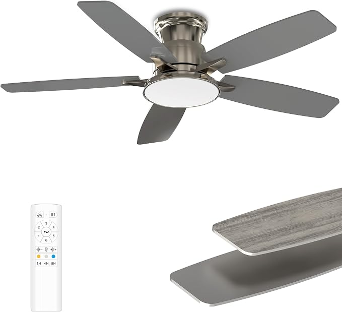 Flush Mount Ceiling Fan with Light, 42 Inch, Remote Control, 3CCT Dimmable LED, 6-Speed Silent Reversible DC Motor, Low Profile Hugger Ceiling Fan for Indoor/Outdoor 90-264V 50/60Hz Brushed Nickel