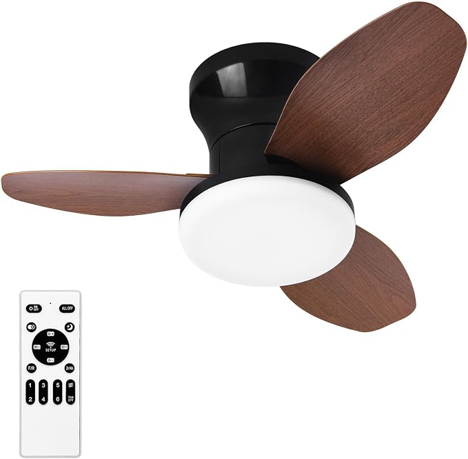 Small Ceiling Fan with Lights and Remote, 25 Inch Flush Mount, Reversible Quiet DC Motor, 3 Blades, 6 Wind Speeds, Dimmable LED, Adjustable Color Temperature, Timer