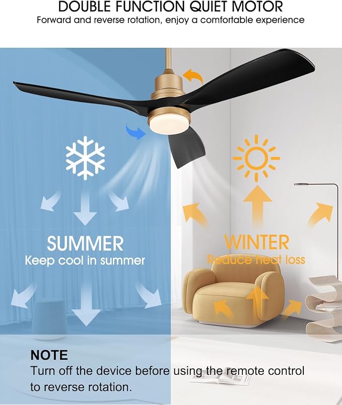 52" Modern Black and Gold Ceiling Fan with Lights and Remote, ETL Listed, 3 Downrods, 3 Wood Blade Gold Black Ceiling Fans, Reversible Quiet DC Motor, 3 Timer for Outdoor Patio Bedroom,52in,Black Gold