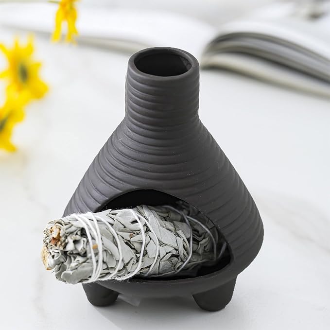 Ceramic Palo Santo Holder Burner, Handmade Incense Burner, Cone Ash Catcher Smudge Bowl for Meditation Yoga Home Decor Incense Holder, Black