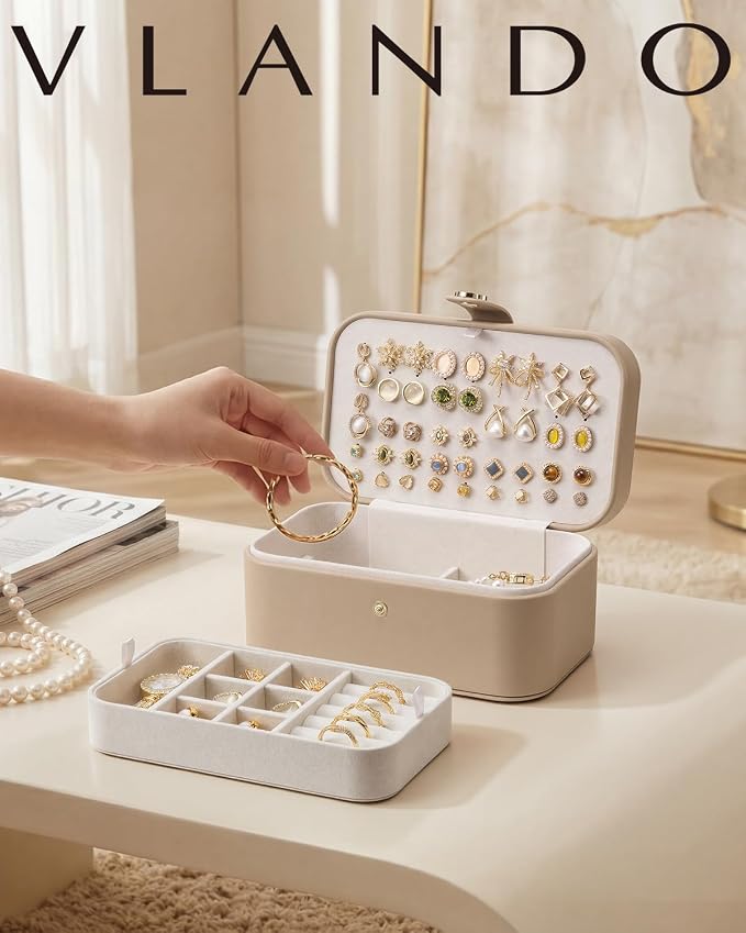 VLANDO Travel Jewelry Case, 2-Layer Jewelry Box, Portabel Travel Organizer for Necklaces, Earring, Bracelets, Ring, Watch - Large Capacity Travel Jewelry Storage - Toffee