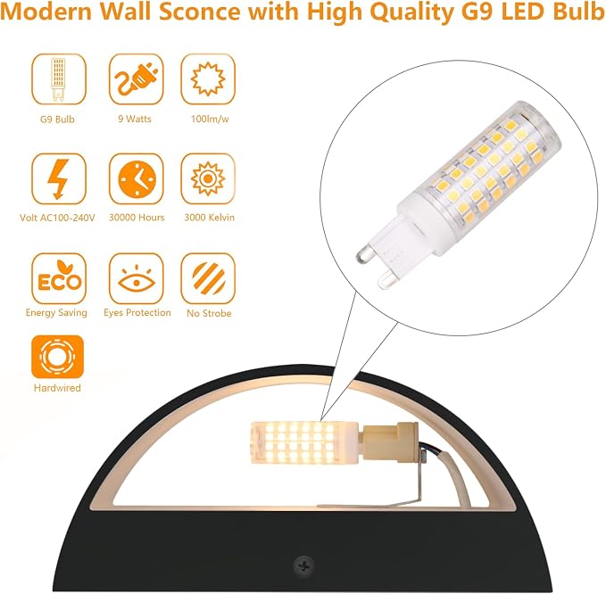 Aipsun Black Modern LED Wall Sconce Indoor Wall Lights 1 Pack Hardwired Up and Down Wall Mount Light for Living Room Bedroom Hallway Corridor Conservatory Warm White 3000K(with G9 Bulbs)